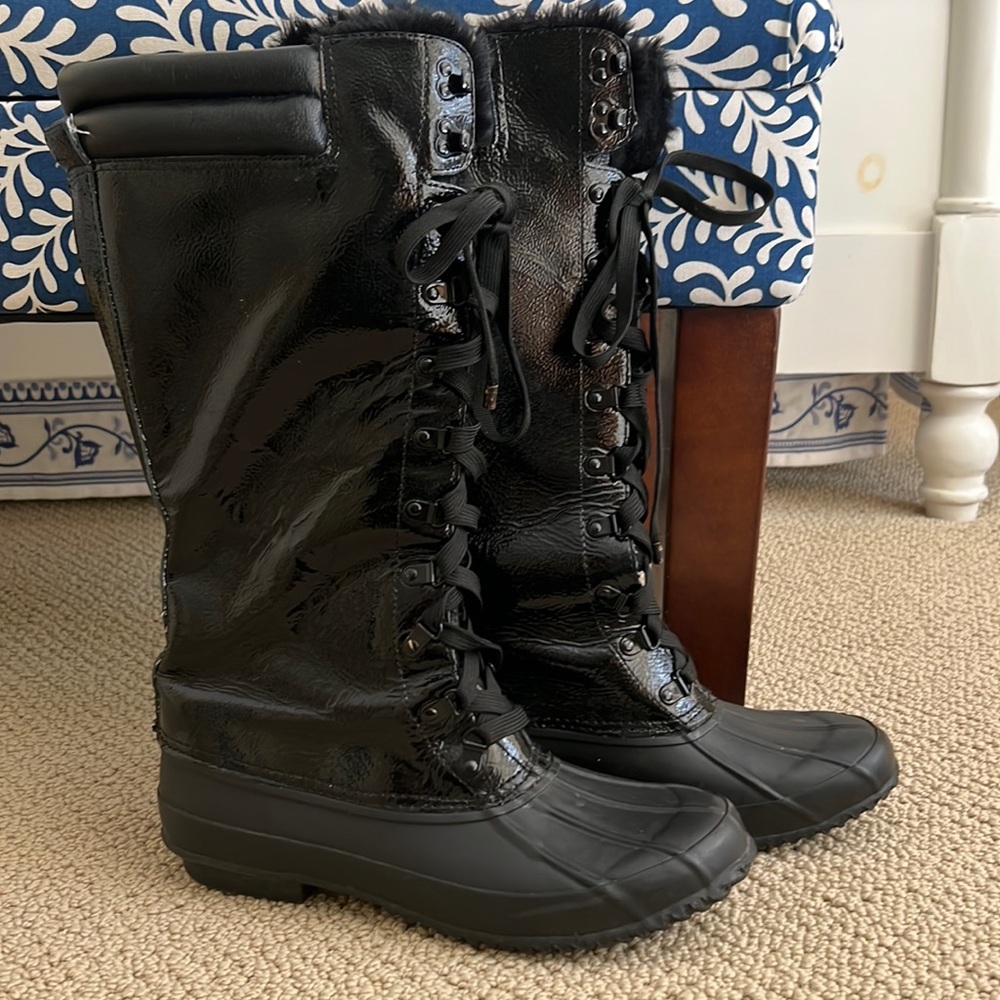 Black Patent Leather Tall Duck Boots